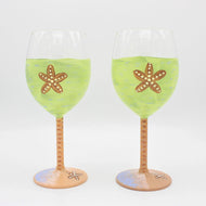 2 Pale Green & Tan Starfish Hand Painted Wine Glasses