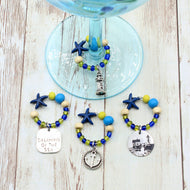 4 Nubble Lighthouse Blue & Yellow Wine Glass Charms