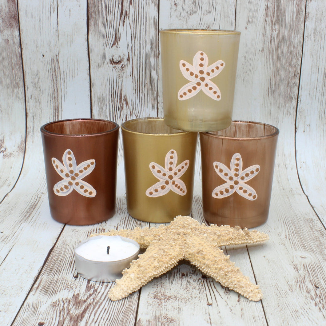 4 Bronze & Gold Starfish Hand Painted Glass Candle Holders