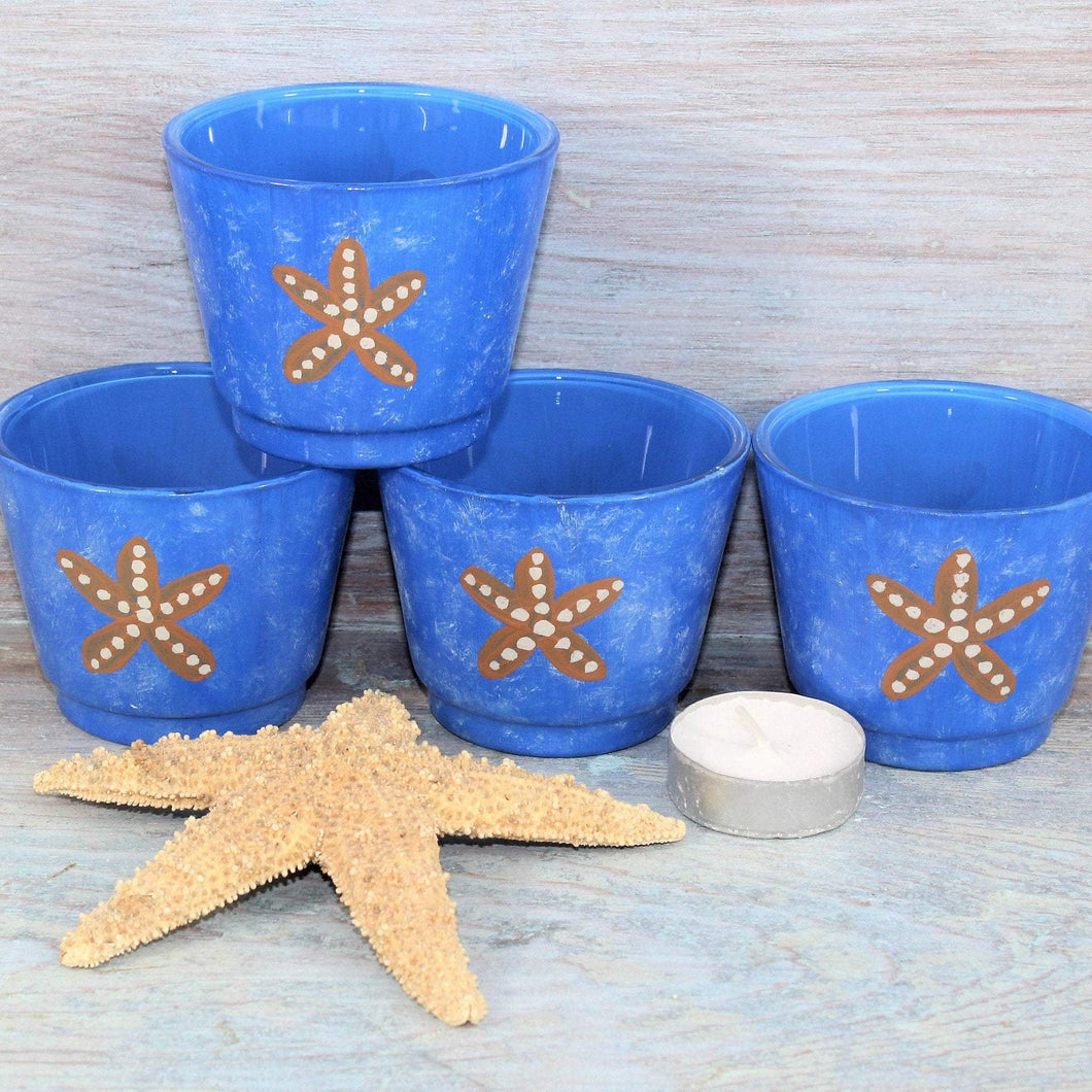 4 Blue Starfish Hand Painted Glass Candle Holders
