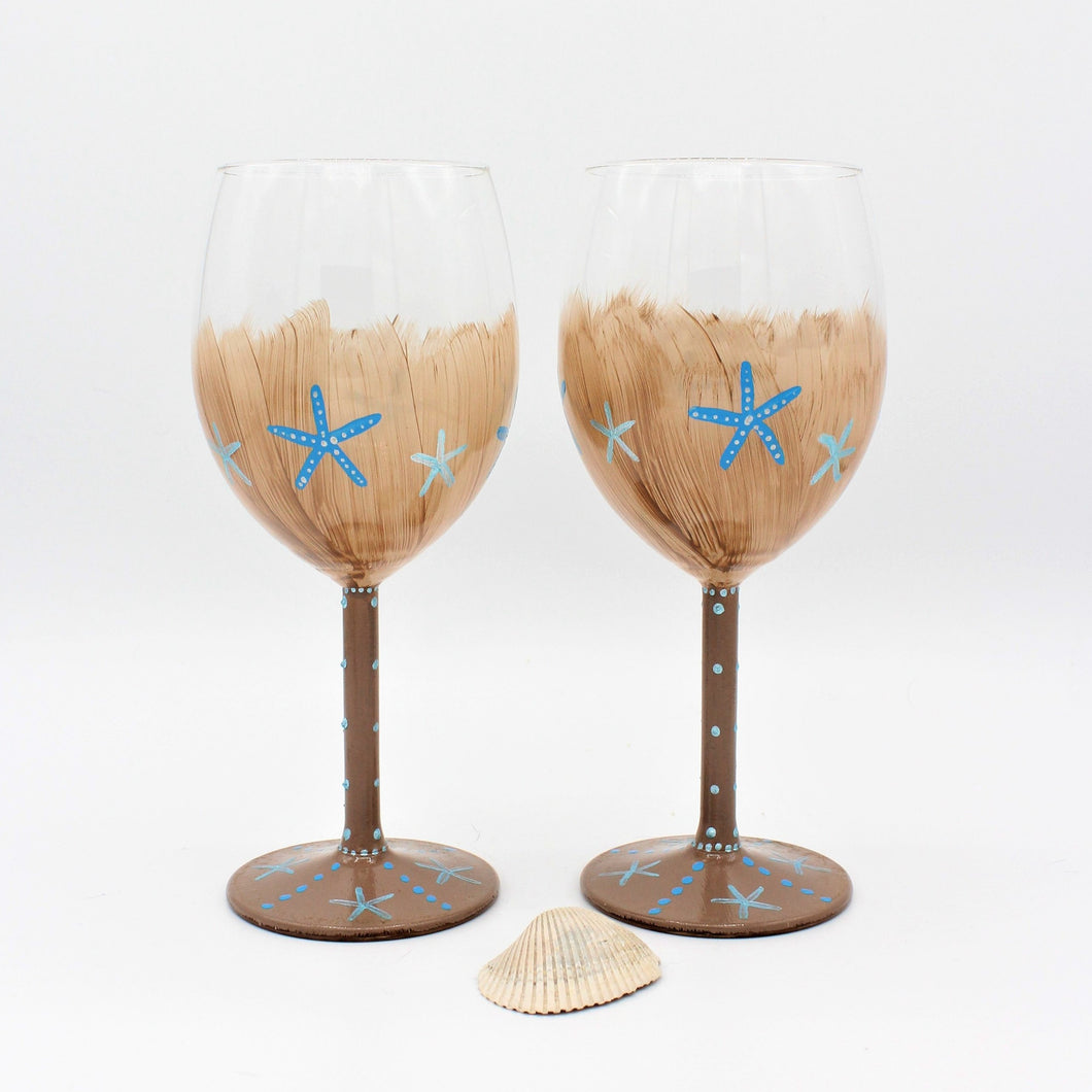 2 Hand Painted Tan Starfish Wine Glasses