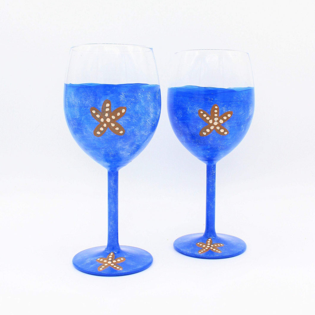 2 Blue Coastal Starfish Hand Painted Wine Glasses