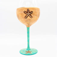 Hand Painted Tan & Aqua Starfish Wine Glass - Large