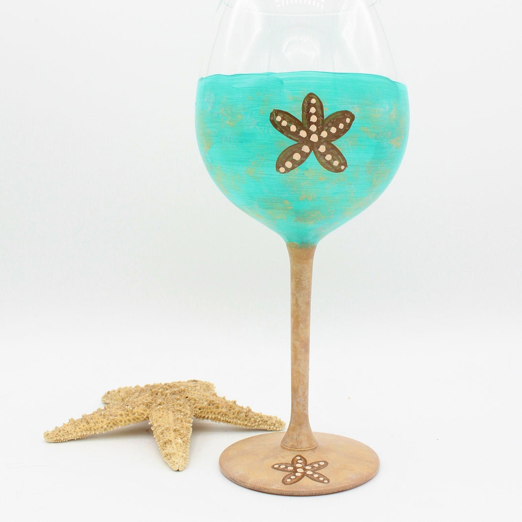 Hand Painted Aqua & Tan Starfish Wine Glass - Large