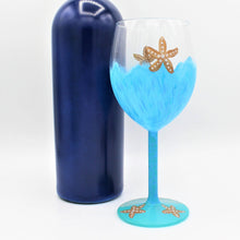 Load image into Gallery viewer, Hand Painted Aqua &amp; Turquoise Wine Glass with Beachy Starfish
