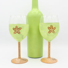 Load image into Gallery viewer, 2 Hand Painted Lime Green &amp; Tan Starfish Wine Glasses
