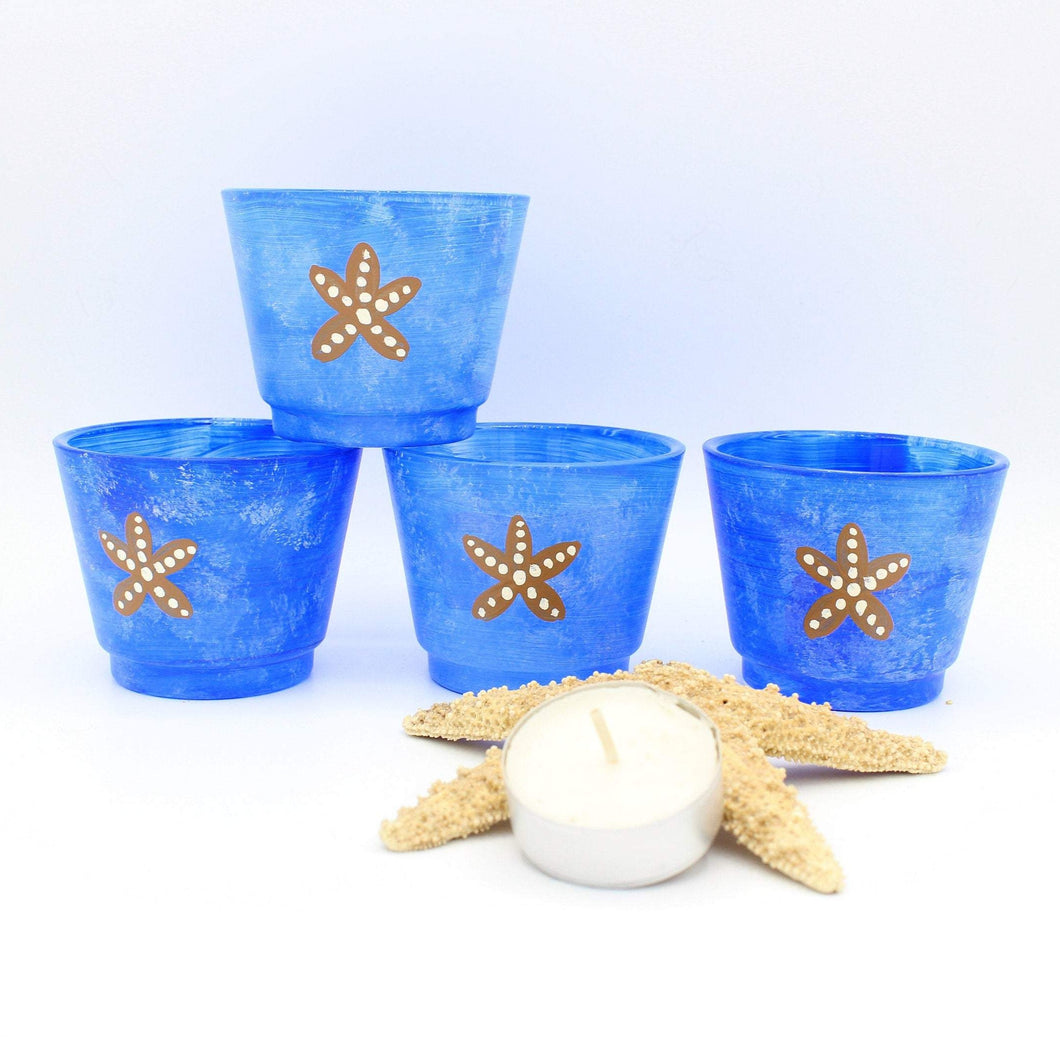4 Blue Starfish Hand Painted Glass Candle holders