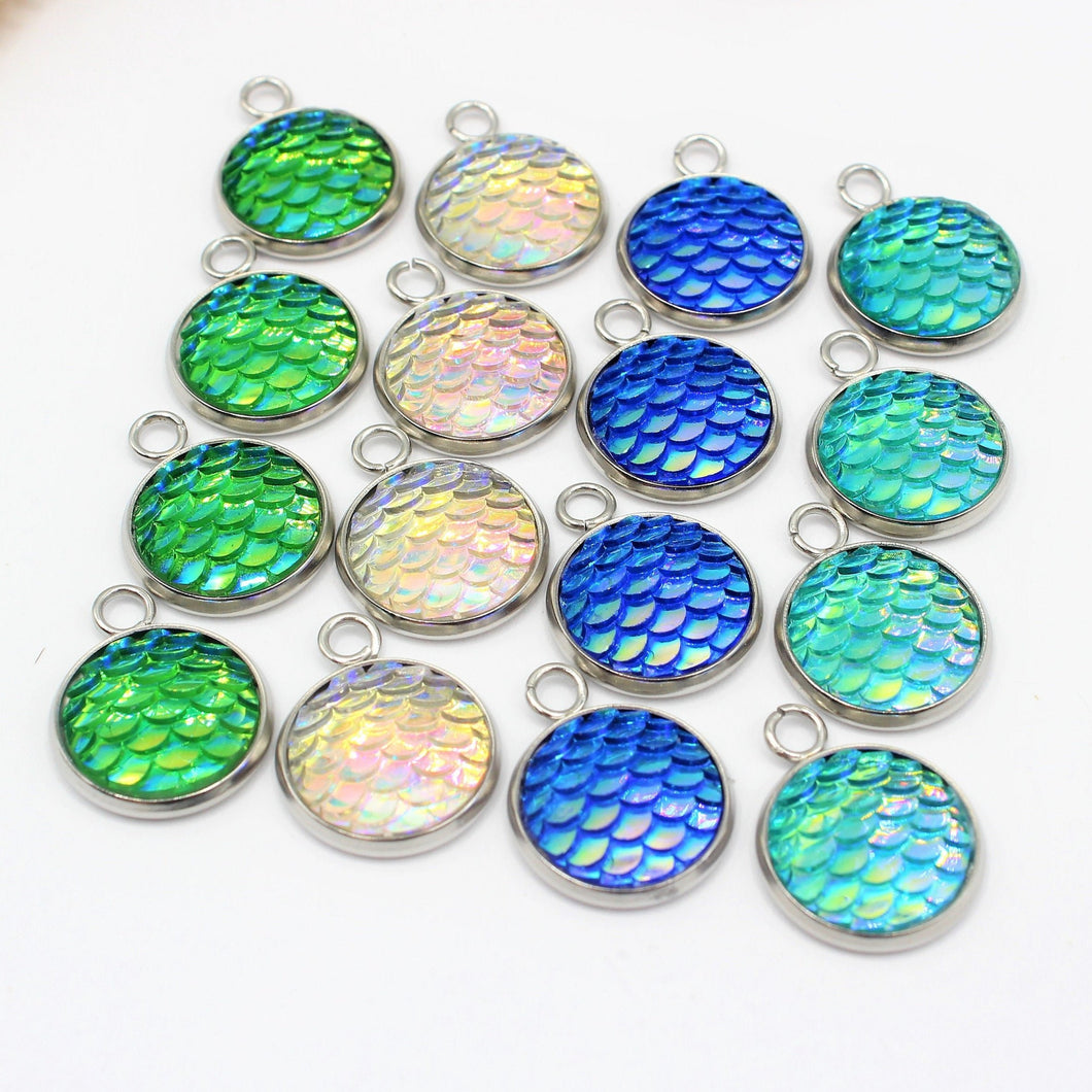 16 Tropical Blue, White & Green Mermaid Charms - Stainless Steel