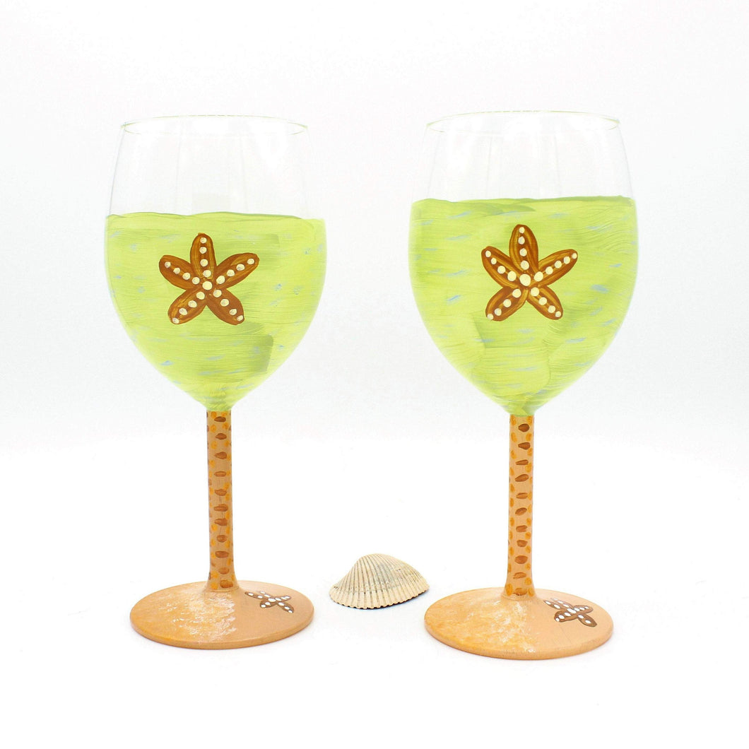 2 Hand Painted Lime Green & Tan Starfish Wine Glasses