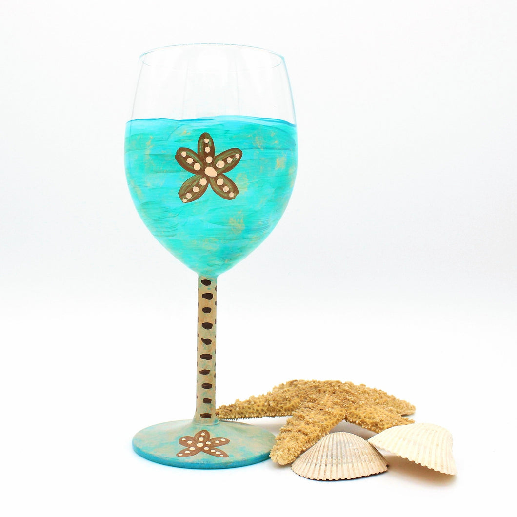 Hand Painted Aqua Starfish Wine Glass