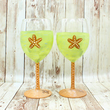 Load image into Gallery viewer, 2 Hand Painted Lime Green &amp; Tan Starfish Wine Glasses
