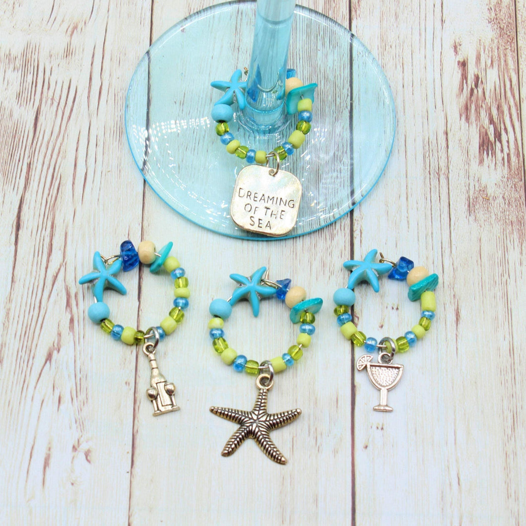 4 Turquoise & Lime Tropical Starfish Wine Glass Charms,