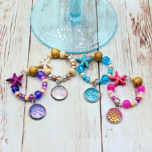 Load image into Gallery viewer, 4 Bright &amp; Bold Mermaid Starfish Wine Glass Charms
