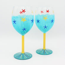 Load image into Gallery viewer, 2 Tropical Hand Painted Turquoise &amp; Yellow Starfish Wine Glasses
