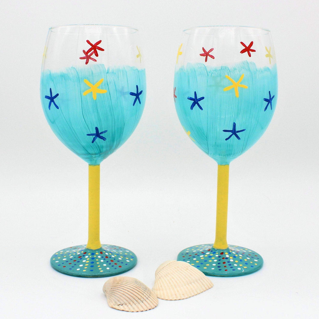 2 Tropical Hand Painted Turquoise & Yellow Starfish Wine Glasses