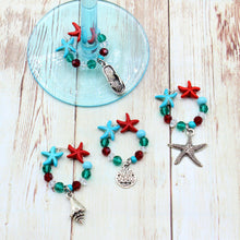 Load image into Gallery viewer, 4 Turquoise &amp; Red Starfish Christmas Wine Glass Charms
