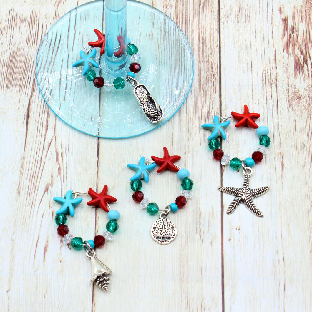 4 Turquoise & Red Starfish Christmas Wine Glass Charms