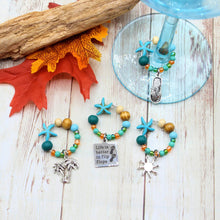 Load image into Gallery viewer, 4 Tropical Flip Flop Teal Starfish Wine Glass Charms
