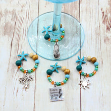 Load image into Gallery viewer, 4 Tropical Flip Flop Teal Starfish Wine Glass Charms
