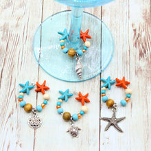 Load image into Gallery viewer, 4 Seashell Orange Turquoise Starfish Wine Glass Charms
