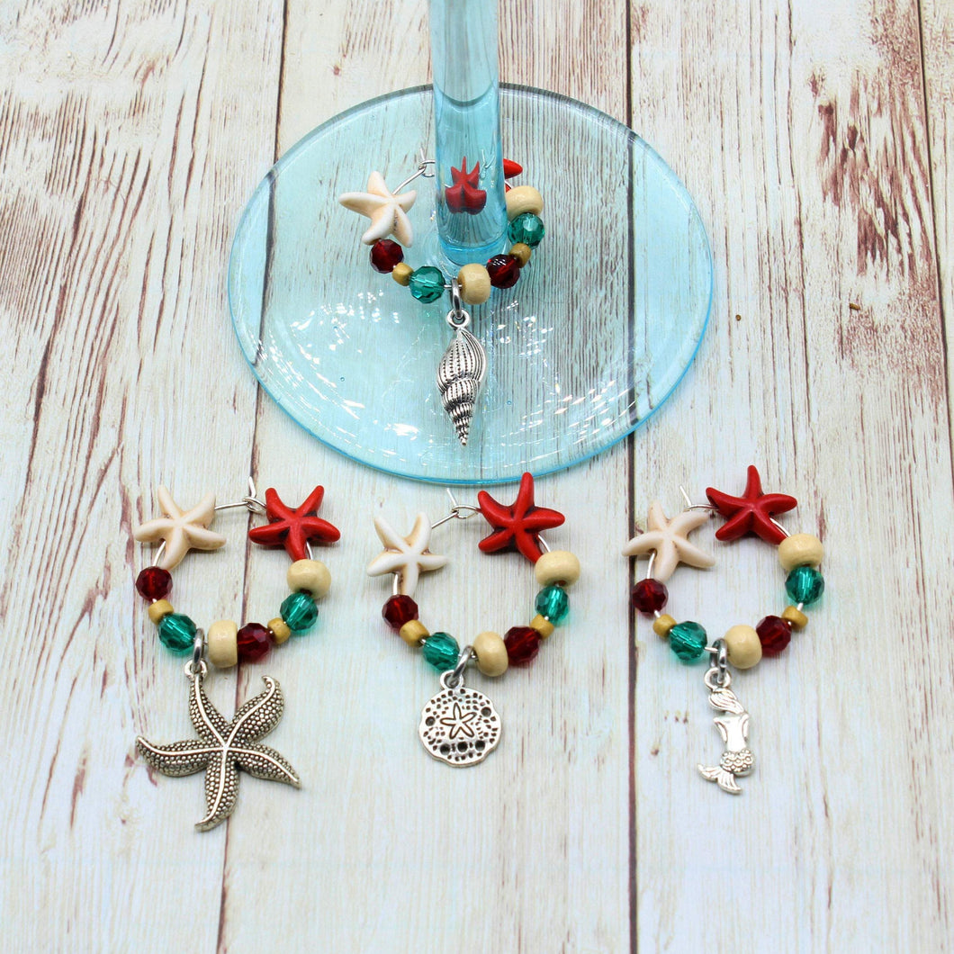 4 Red & Green Starfish Wine Charms for Christmas