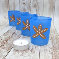 4 Blue Starfish Hand Painted Glass Candle Holders