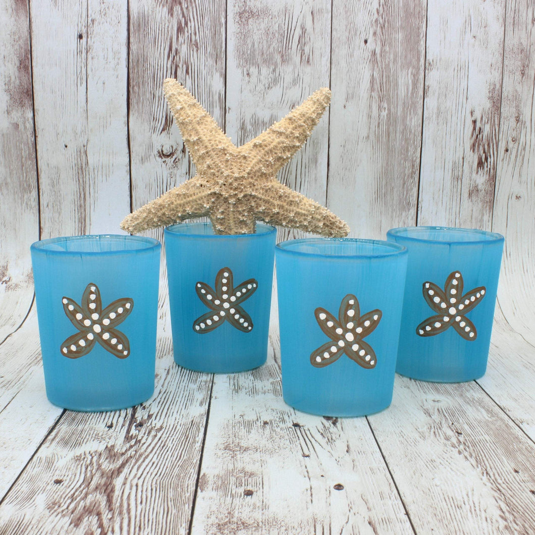 4 Teal Starfish Hand Painted Glass Candle Holders
