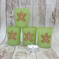 4 Lime Green Starfish Hand Painted Glass Candle Holders