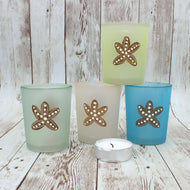 4 Pastel Starfish Hand Painted Glass Candle Holders,