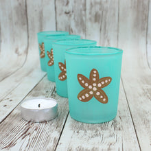 Load image into Gallery viewer, 4 Aqua Starfish Hand Painted Glass Candle Holders
