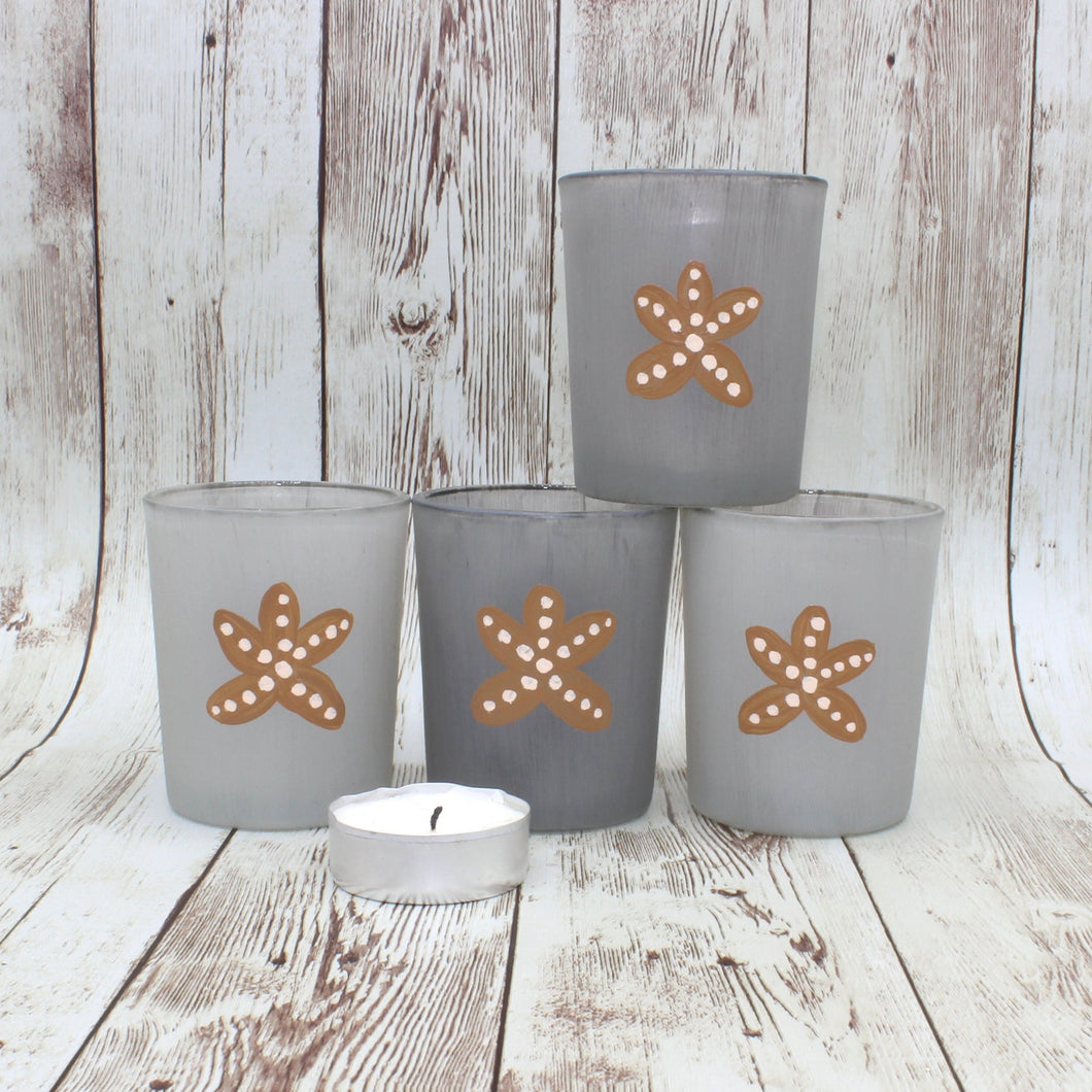 4 Gray Starfish Hand Painted Glass Candle Holders