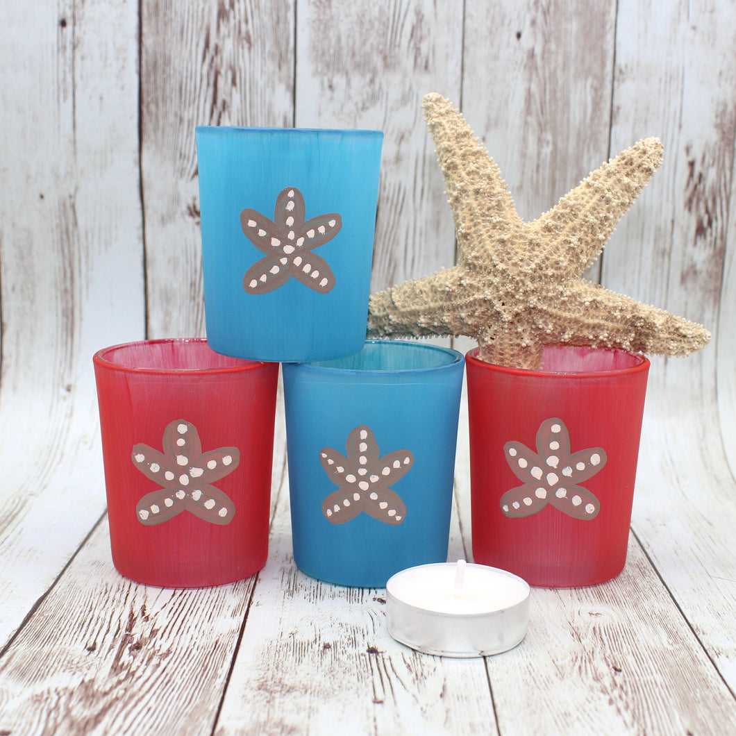 Red & Blue Starfish Hand Painted Glass Candle Holders