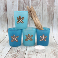 4 Ocean Blues Starfish Hand Painted Glass Candle Holders