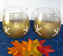 Load image into Gallery viewer, Hand Painted Gold Wine Glasses, Stemless Beach Glasses, Starfish Drinkware, Beverage Glass, Tropical Style Painted, Fall Style, Decorated
