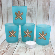 4 turquoise hand painted small candle holders